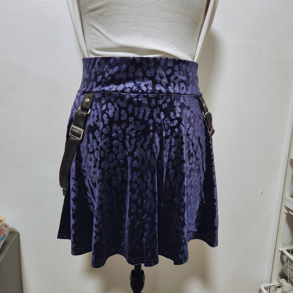 Purple velvet skater skirt with fake leather straps